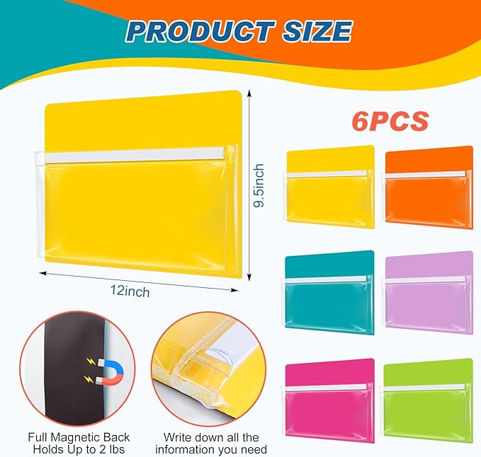 Fuutreo 6 Pack Magnetic File Holder with Clear Pocket and Label Insert 12 x 9.5 Inch Wall File Organizer for Whiteboard Fridge Locker Office Magazine Holder for Paper Mail(Bright Color,Horizontal)