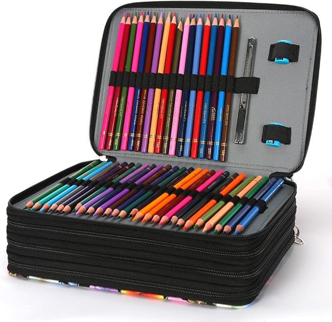 Vomgomfom 200 Slots Pencil Bag, 4-Layer Zipper Portable Art Supply Organizer, PU Leather Large Capacity Colored Pencil Case with Handle for 200 Watercolor Pens, Gel Pens (Black Flower)