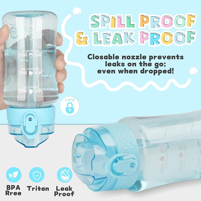 OLDLEY 12oz Kids Water Bottle, Tritan BPA-Free, Leakproof Flip Straw Lid, Motivational Time Marker, Carry Strap, Reusable Clear Water Bottle for Boys & Girls,Cerulean