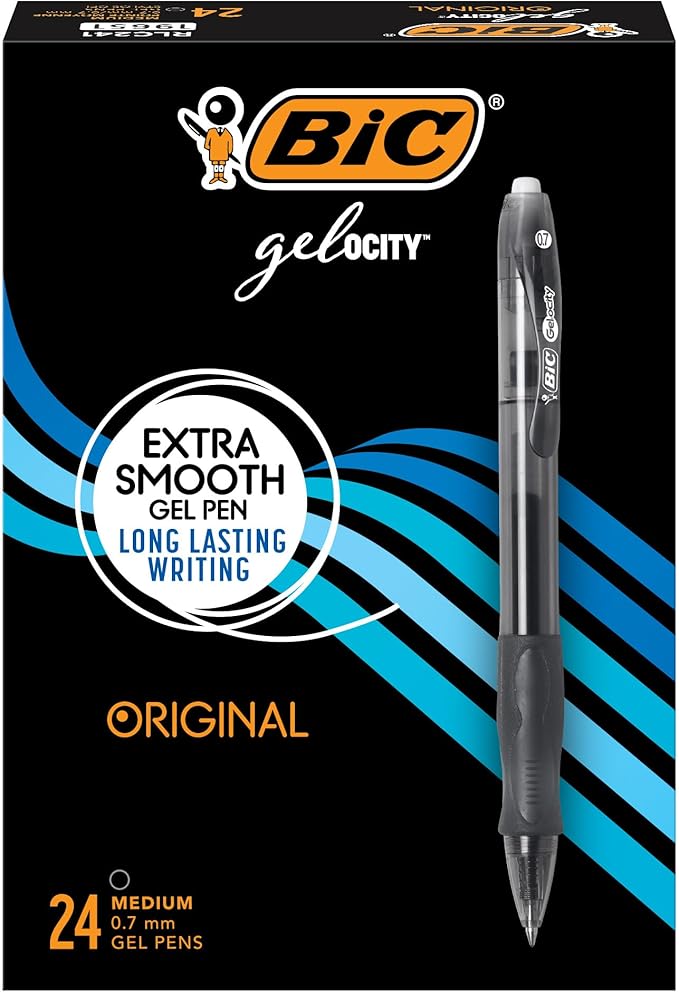 BIC Gelocity Original Black Gel Pens, Medium Point (0.7mm), 24-Count Pack, Retractable Gel Pens With Comfortable Grip