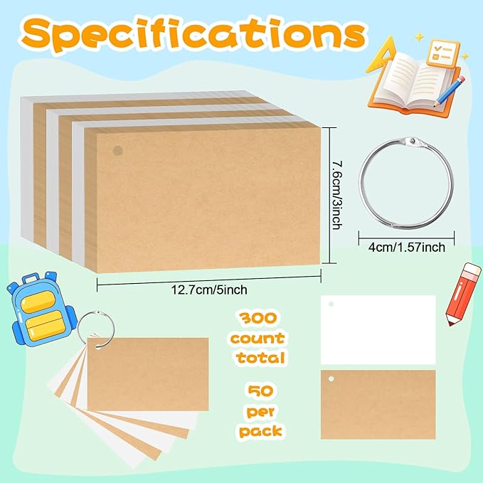 300 Pcs Customizable Index Flash Study Note Card Pad White Blank Kraft Paper with Binder Ring (3 x 5 Inches, 50 Sheets per Set)