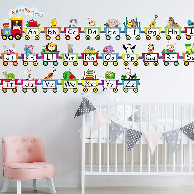 Outus Alphabet Train Bulletin Board Set Animals Alphabet Line Cards for Classroom Wall Letters Banner Decor Early Learning Bedroom Nursery Playroom Decorations Children Kids Teens