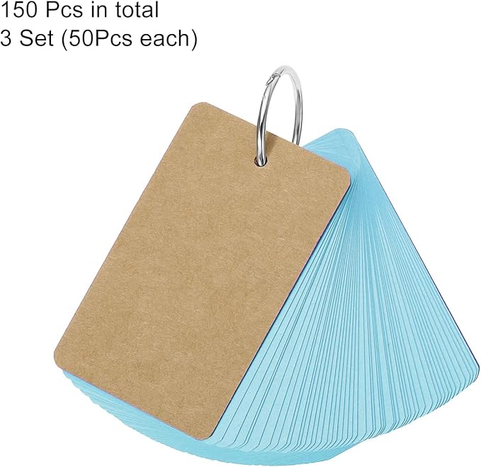 PATIKIL Blank Index Cards with Ring, 150Pcs Colored Blank Flash Card 3.5" x 2" Note Card Study Card for Memory Learning Studying Office Supplies, Blue