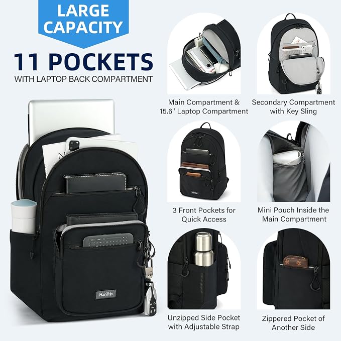HanTrip 18 Inch Carry on Travel Backpack with Lots of Pockets, Black | 15.6 Inch Laptop Sleeve, Luggage Strap, Water Bottle Pocket, 28 Liters, Lightweight, Water Resistant, 18x14x8 Medium Bookbag
