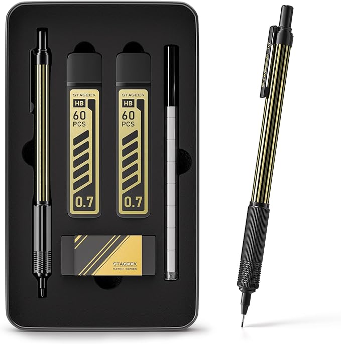 STAGEEK 0.7mm Mechanical Pencil with Metal Gift Case, 1PCS Metal Mechanical Pencil with 120Pcs HB Lead Refills,4B Erasers and 9PCS Eraser Refills, for Writing Drafting Drawing and Sketching(Gold)