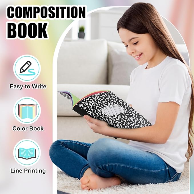 Henoyso 12 Pcs 120 Pages Colored Paper Notebooks 9.75" x 7.5" Bright Colors Lined Paper Notebook Wide Ruled Marble Notebooks Journals Bulk for Office School Supplies(Black)