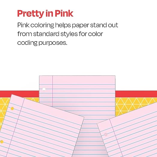 School Smart 3-Hole Punched Filler Paper, 8-1/2 x 11 Inches, Pink, 100 Sheets - 087155