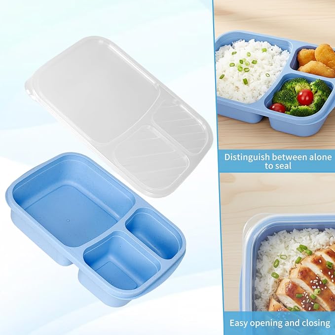 4 Pack Bento Lunch Box Set, 3 Compartment Leakproof Stackable Food Containers, Reusable Wheat Straw Lunch Boxes for Adults Work and Travel