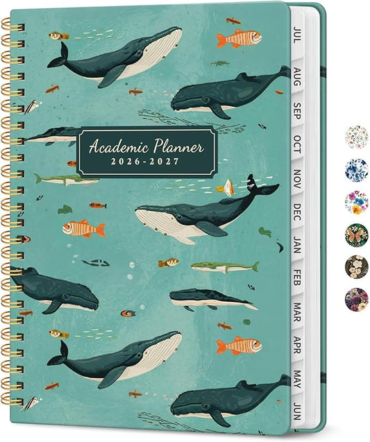 Planner 2026-2027, Academic Year Monthly and Weekly Calendar Planner, Jul 2026 - Jun 2027, Hardcover Teacher Student Planning Agenda book with Tabs, Perfect for School Office Supplies, 6.3" x 8.5" - Depths Whale