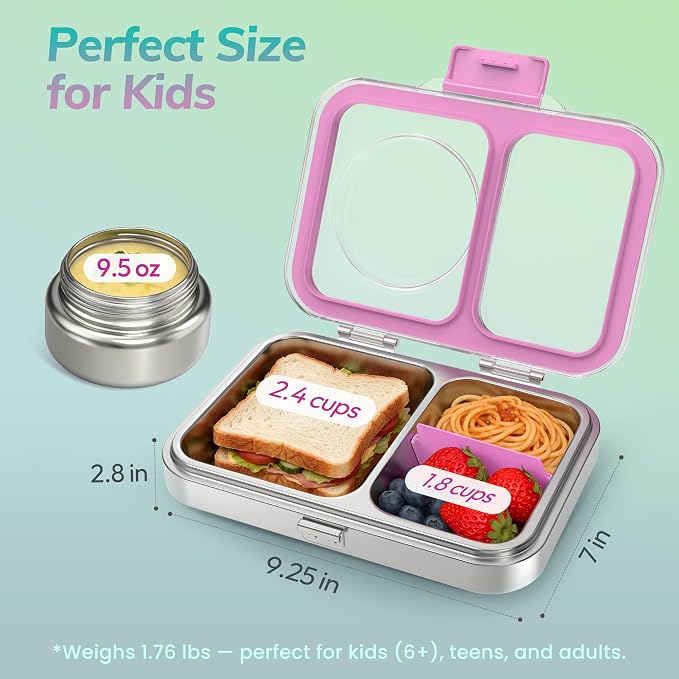 HOMEKOL Stainless Steel Bento Lunch Box + 9.5oz Insulated Food Jar, Purple | 2-Compartment Leak-Proof Container for Kids & Adults, BPA/BPS-Free, 18/8 Metal, Dishwasher Safe, Clear Tritan Lid