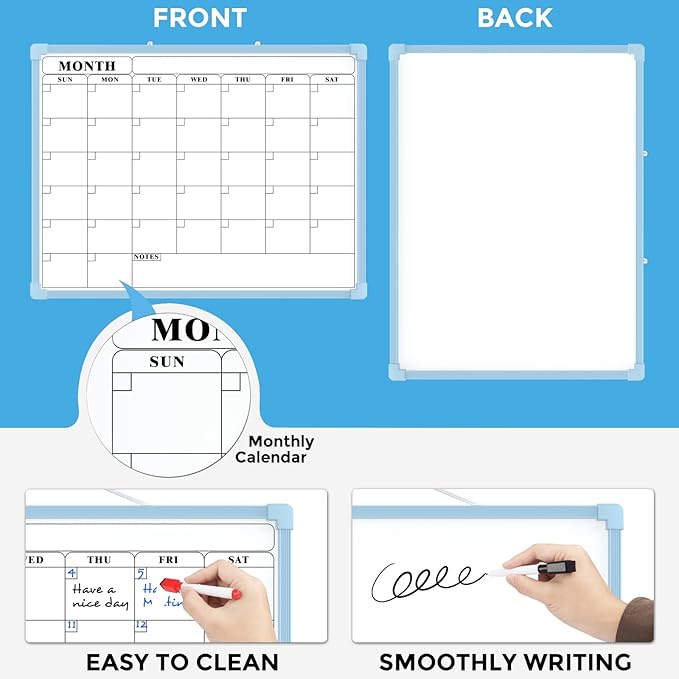 MaxGear Monthly Calendar Dry Erase Board for Wall, 16"x12" Small Hanging Double-Sided White Board, Portable Whiteboard for Planning, Drawing, Memo, to Do List, School, Home, Office, Blue Frame