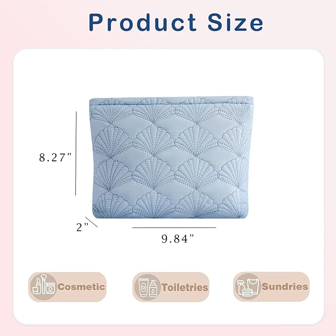 uekeboag Shells Quilted Cotton Makeup Bag,Travel Pouch(LightBlue) | Cotton Aesthetic Cosmetic Bag for Women,Shell Embroidery,Wedding Gifts, Bridal Gifts