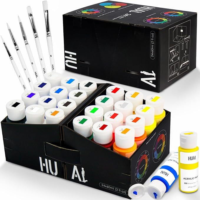 HUAL Acrylic Paint Set with 5 Brushes, 24 Colors (60ml, 2oz) for Artists Kids Beginners & Painters,Model/Canvas/Rock/Fabric/Glass/Stone/Ceramic/Wood Painting, Non Toxic