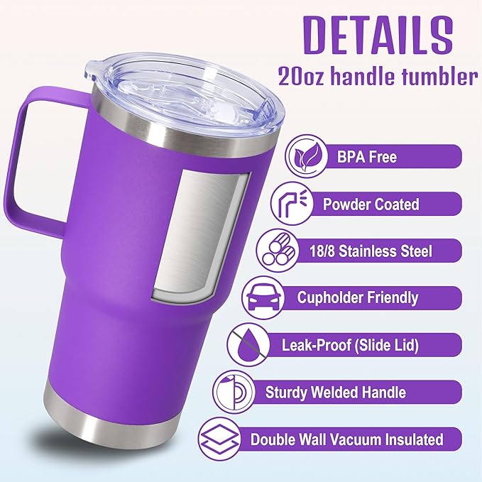 20 oz Tumbler with Handle and Lid, Stainless Steel Tumbler Insulated Travel Coffee Mug, Spill Proof Double Wall Vacuum Tumbler Cup Keep Drink Hot & Cold, Purple, 1 Pack
