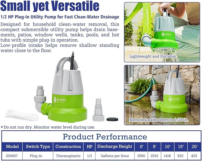 Green Expert 1/2 HP Submersible Utility Pump, 2500 GPH Portable Water Removal, Manual Plug-in Last-Inch Drain with Check Valve and Hose Adapters, 115V Sump Pump for Basement Pool Hot Tub