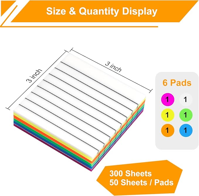 6 Pads Pop Up Transparent Sticky Notes Lined, 300 Sheets 3x3 inch Clear See Through Translucent Sticky Notes with Lines 6 Bright Color Pop-Up Pads Match Post Dispenser Office School Home Supplies