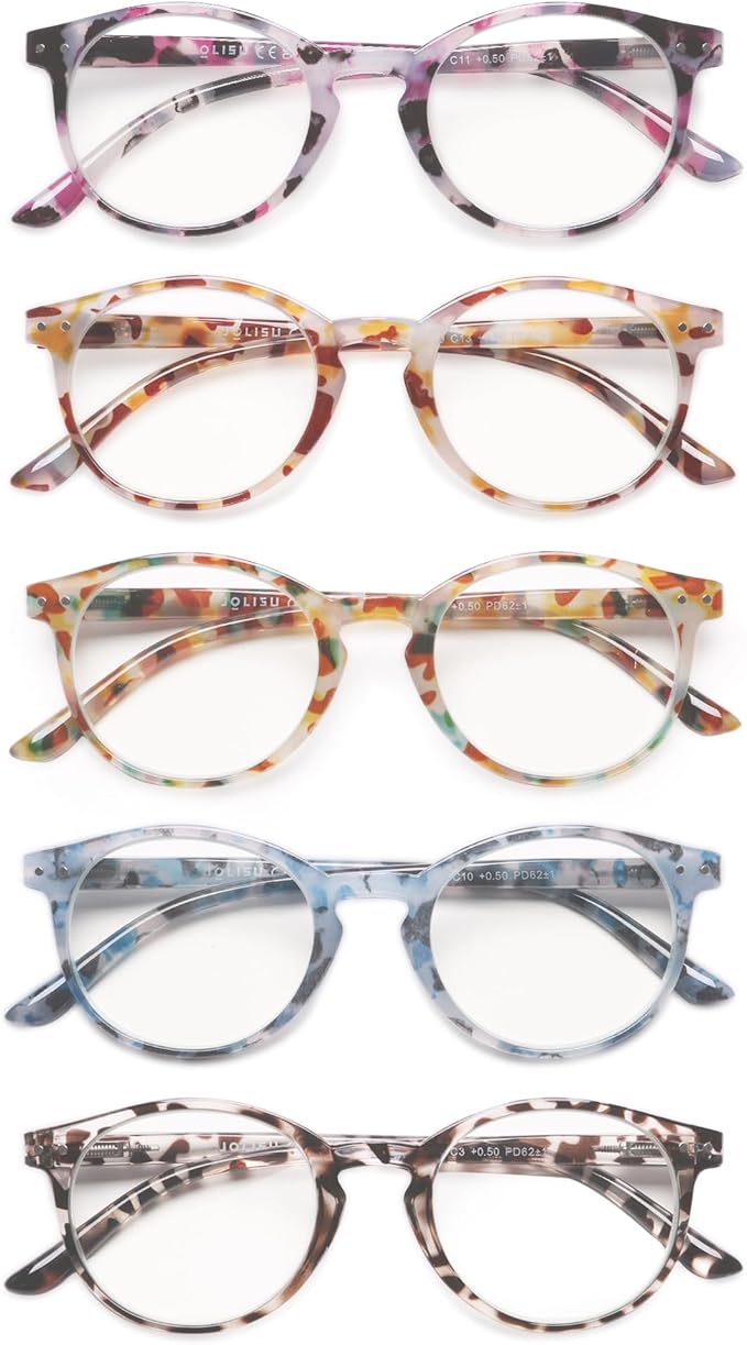 JOLISU 5 Pack Reading Glasses For Women/Men-Blue Light Blocking Computer Reader w/Round Frame - Retro Clear Lens Fake Eyeglasses（2.75）