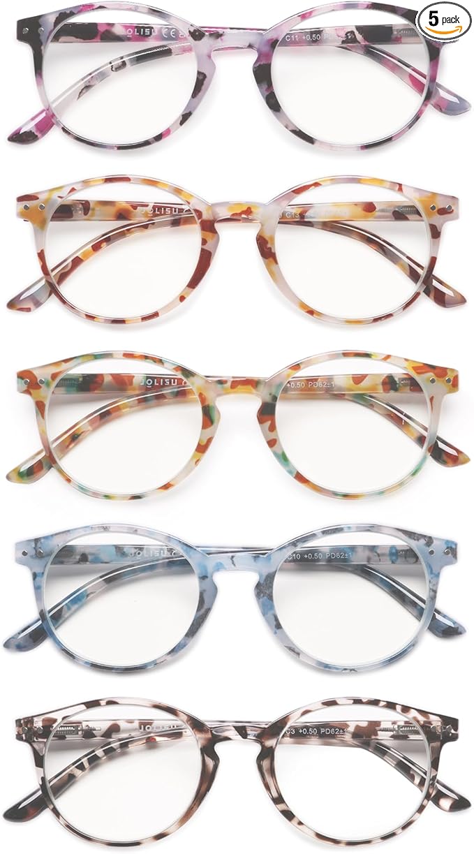 JOLISU 5 Pack Reading Glasses For Women/Men-Blue Light Blocking Computer Reader w/Round Frame - Retro Clear Lens Fake Eyeglasses（0.5）