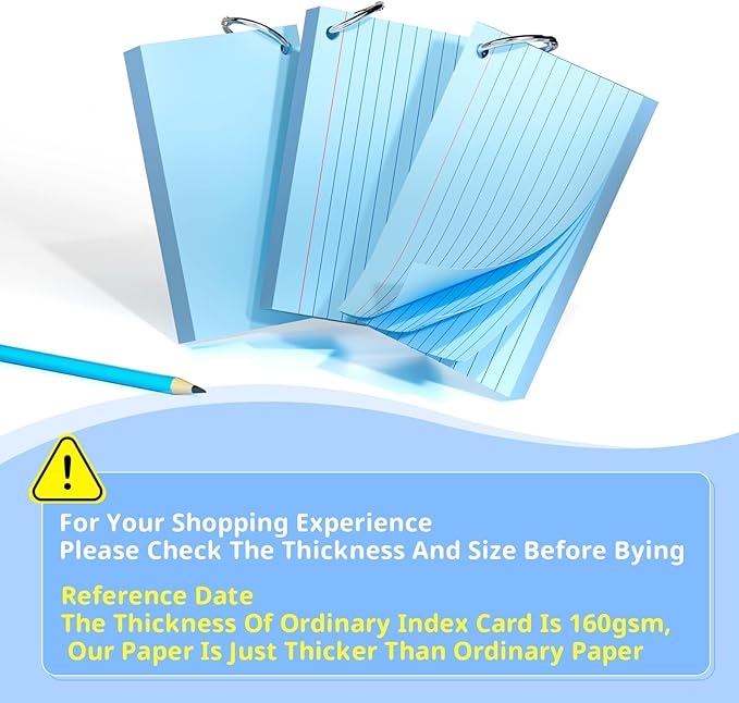 Index Cards 3x5 Inches, 300 PCS, Blue Flash Cards With Ring, Punched Lined Study Card Ruled Flashcards Notecards, Ruled Front And Blank Back, Note Card for School, College And Home