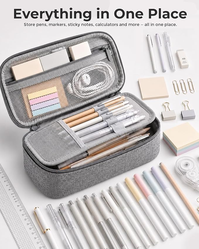 WEMATE Pencil Case, Large Capacity Pencil Pouch, Big Storage Organizer | for Stationery, Zipper Pen Bag, Travel Pen Box, Office Organizer Makeup Bag for Men Women Grey