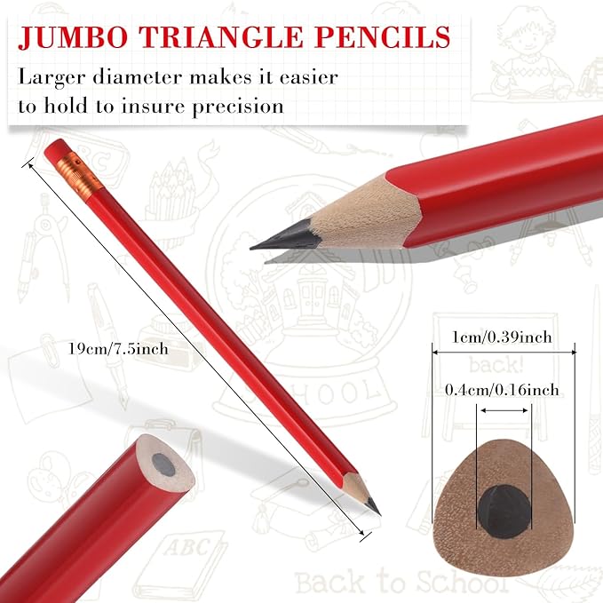 Fainne 96 Pcs Jumbo Pencil with Black Core Cedar Wooden Pencil with Eraser for Carpenters Students Teachers School Construction Woodworkers Beginners Office Workers(Red,Triangle)