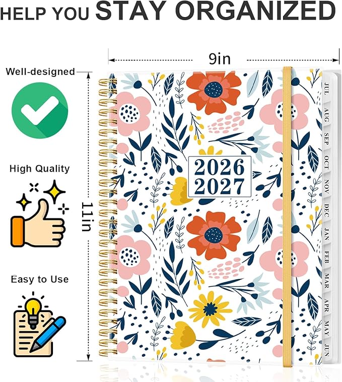 Planner 2026-2027 - Academic Planner from July 2026 to June 2027, Weekly & Monthly Planners Spiral Bound with 12-Month Tabs, Inner Pocket, 8.5" x 11", Pink Flower