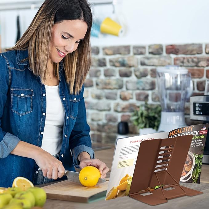 Honagu Book Stand Metal Desk Book Holder, Book Holders for Reading Hands Free, Adjustable Cookbook Documents Holder, Portable Bookstand for Music Books, Textbook, Recipe, Tablet, Ipad (Brown)