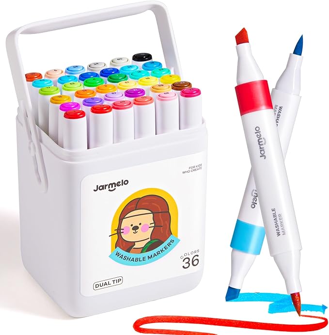 Jar Melo Washable Dual Tip Markers for Kids Ages 8-12, Brush & Chisel Tip, Water-Based Coloring Markers, Double-Tipped 36 Colors Marker Set with Storage Case, School Art Supplies for Boys & Girls