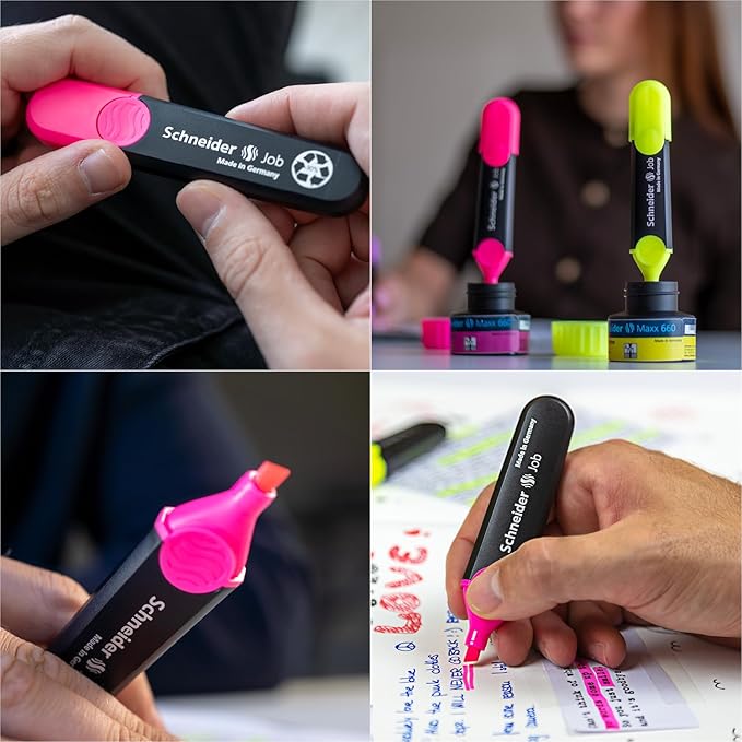 Schneider Job Highlighter, Chisel Tip, 1 + 5 mm, Black Barrel, Pink Ink, Box of 10 Highlighters (1509)