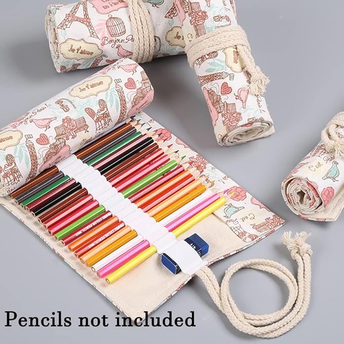 DIYOMR 24/36/72 Slots Pencil Wrap Pencil Rolls, Artist Colored Pencils Roll Up Bag Short Brushes Pouch Case Pencils Organizer for Drawing Coloring and Sketching (Paris Tower, 72slots)