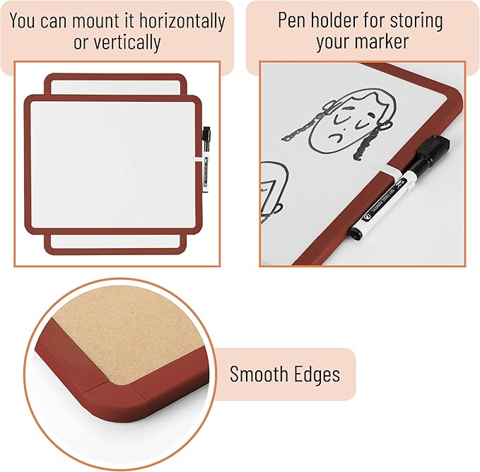 Mr. Pen- Dry Erase Board, 14” x 11” with a Black Dry Erase Marker, Chocolate Brown Frame, Small Mini White Board for Students, Fridge, Wall, Locker, Includes Double Sided Tapes