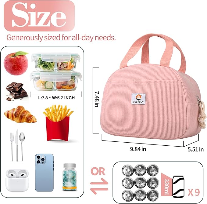CaCTOUR Lunch Box Lunch Bag for Women Girls Teens, Cute Lunch Box Cooler Bag, Portable Small Insulated LunchBox Reusable Corduroy Lunch Tote for Work/Travel/Picnic/School(Pink)