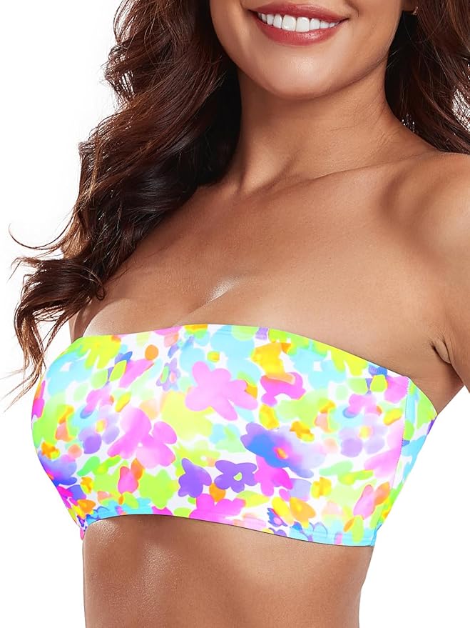 RELLECIGA Women Bandeau Swim Top Only Strapless Bikini Top Tie Back Swimsuit Tube Top