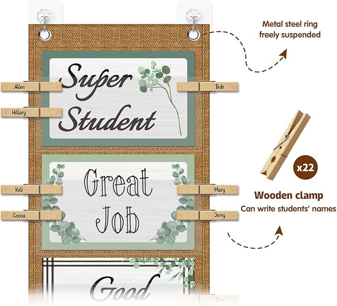 Student Behavior Clip Chart for Classroom Management Kids,Reward Chart for Kids Hanging Bulletin Board Teacher Supplies for School Preschool (Eucalyptus)
