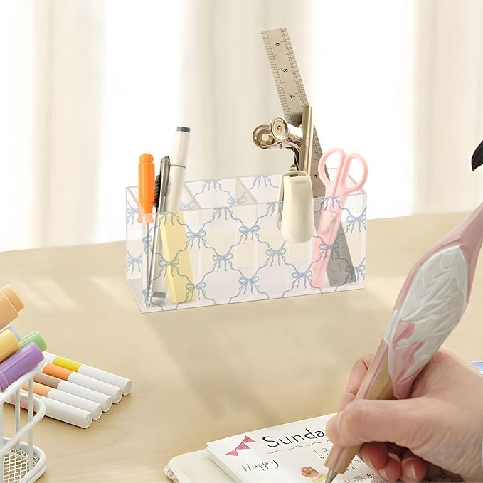 Aslsiy Cute Blue Coquette Bow Pen Holder White 4 Compartments Acrylic Pencil Holder Clear Makeup Brush Holder Desk Organizer Office Supplies