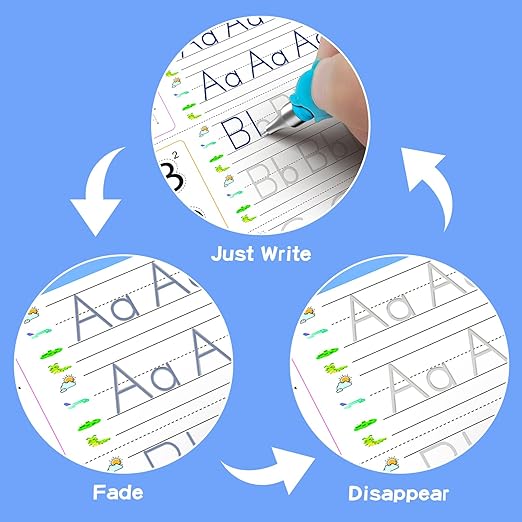 Magic Grooved Writing Practice|Grooved Handwriting Practice for Kids|Grooved Writing Books for Kids 3-5/3-10|4-in-1 Set with 2 Grips, 10 Disappearing Refills|Reusable ink Pen Control Training.