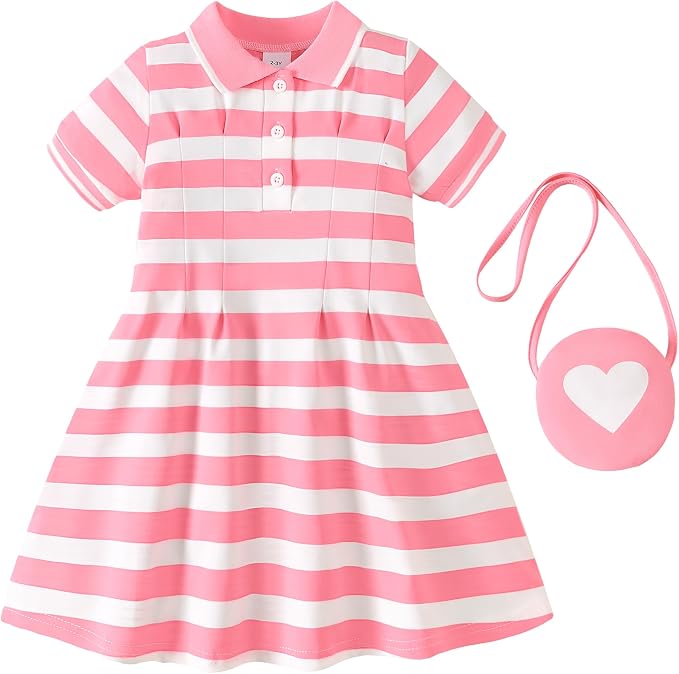 Renotemy Infant Baby Girl Dress Toddler Girls Summer Clothes School Outfits Cotton Short Sleeve Polo Dresses with Bag 12M-5T