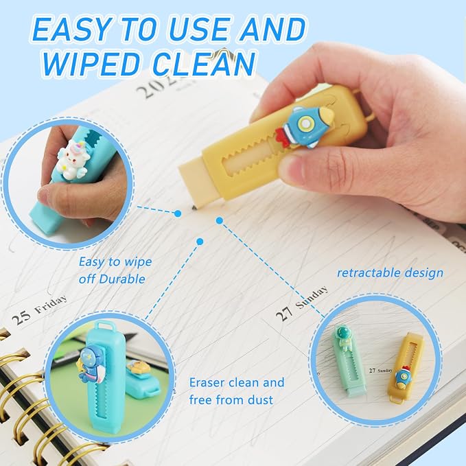 24 Pcs Cute Retractable Eraser for Pencils | Kawaii School Supplies Erasers| Back to Schools Essentials|Cute Erasers Supplies| Perfect Back to School Gifts
