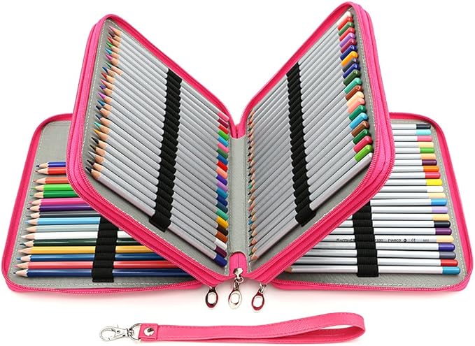 BTSKY Deluxe PU Leather Pencil Case For Colored Pencils - 120 Slot Pencil Holder with Handle Strap Handy Colored Pencil Box Large (Rose Red)