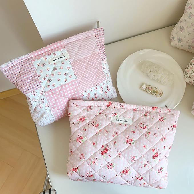 Sminra Floral Makeup Bag Large Cotton Quilted Cosmetic Makeup Bag Organizer, Cottagecore Aesthetic Portable Pouch Purse Toiletry Bag for Women Girls Travel accessories