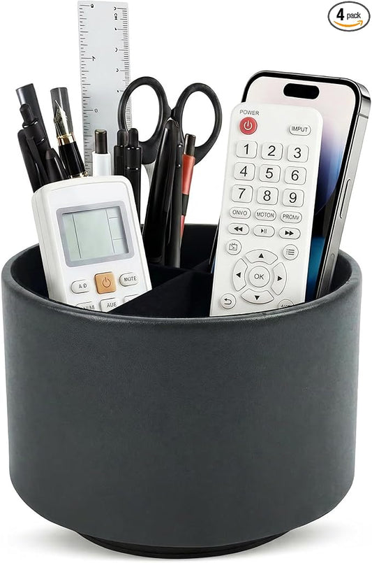 Round Leather Art Supply Organizer,Remote Control Holder,360 Degree Spinning,Multi-Functional Pencil Holder,4 Compartments Desktop Stationary Organizer(1-Sheep Black)