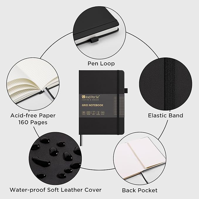 &And Per Se Graph Notebook, 5mm Grid, A5 Hardcover, 160 Pages 100gsm Thick Paper, Grid Journal for Diagrams, Wireframes, CAD Sketches (Black)