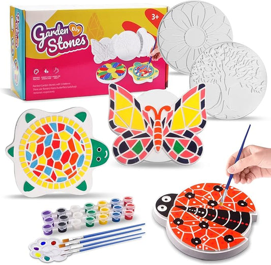 Weilim Paint Your Own Stepping Stones 5-Pack for Kids, Boys & Girls Ages 3-12, Butterfly, Turtle, Flower, Tree & Ladybug DIY Outdoor Garden Art & Craft Ceramic Painting Set Easter