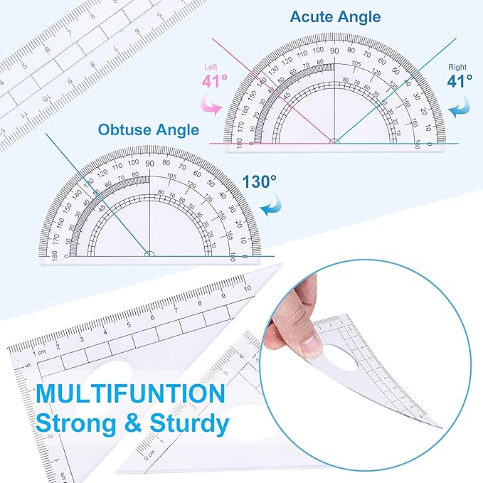 Math Geometry Kit Set 10 Pieces with Shatterproof Storage Box, Student Supplies Drawing Compass Includes Protractor, Rulers, Compass, Pencil Sharpener, Lead Refills, Pencil, Eraser(Blue)