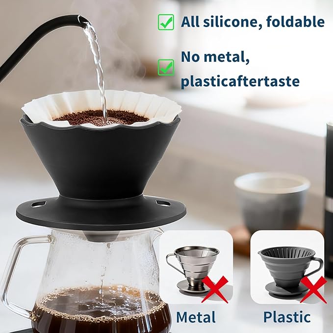MERMOO YILAN Collapsible Coffee Dripper, Silicone Pour Over Coffee Filter Holder - Portable Reusable Foldable Coffee Maker Cone for 1~2 Cups, Travel, Camping, Gift (Black)