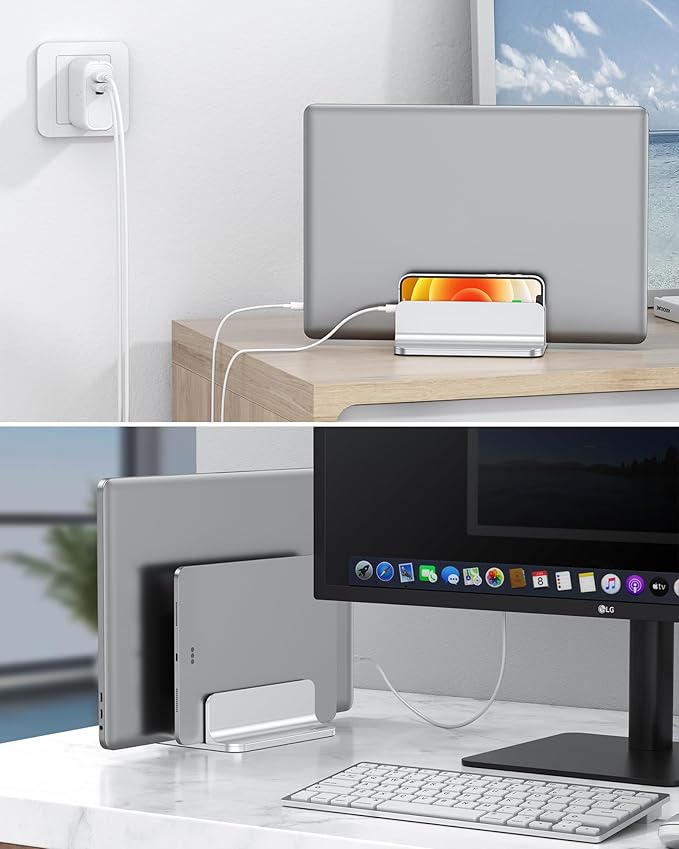 OMOTON Vertical Laptop Stand [Updated Double Version], Desktop Aluminum Mac Book Stand with Adjustable Dock Size, Fits All Mac Book, Surface, Chrome Book and Gaming Laptops (Up to 17.3 inch) (Silver)