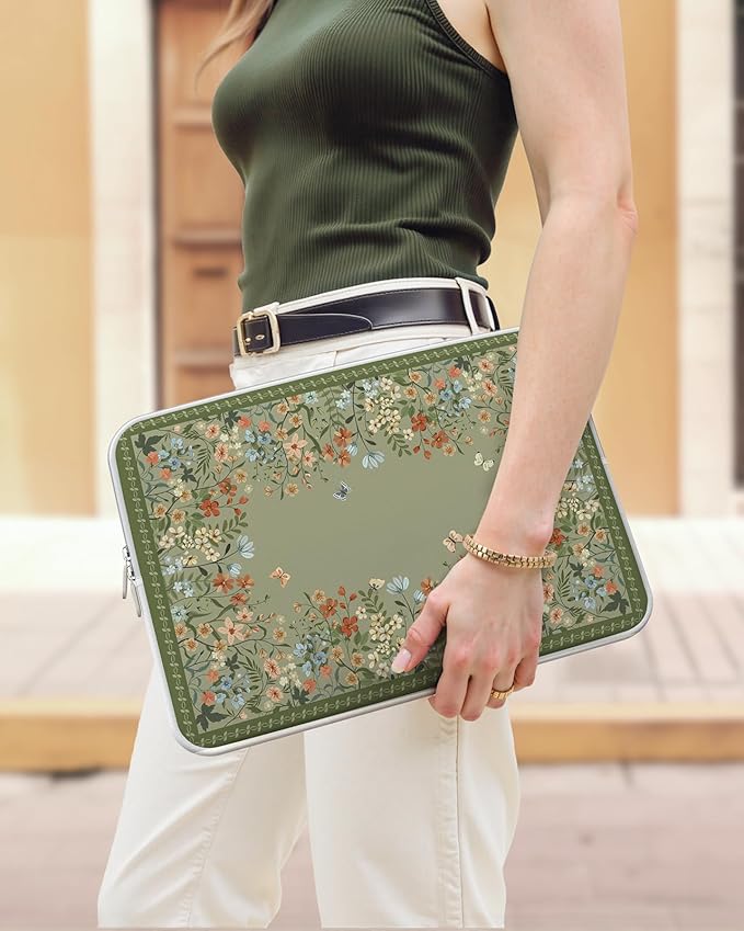 iCasso Computer Sleeve 13 inch,Stylish Girly Laptop Bag Green,13-13.6 inch Waterproof Laptop Sleeve Compatible with MacBook Neo/Air/Pro 13-14 Sleeve, HP Dell ASUS Lenovo Chromebook Notebook, Flowers