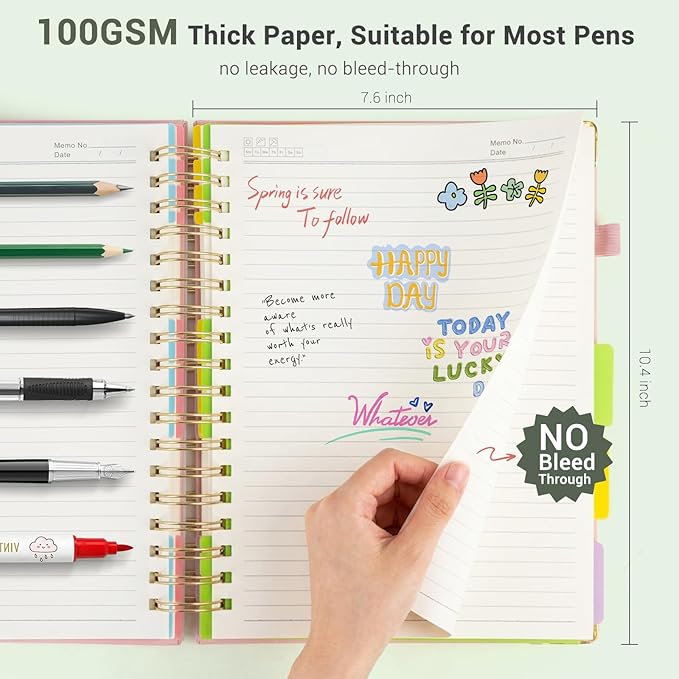 Hardcover Spiral Journal Notebook, 300 Pages 5 Subject Notebook College Ruled with Removable Dividers Tabs, 8" x 10" Notebooks for Work, Spiral Ruled Lined Writing Journal Hardcover Leather Notebook for School (Green, 8''x 10'')