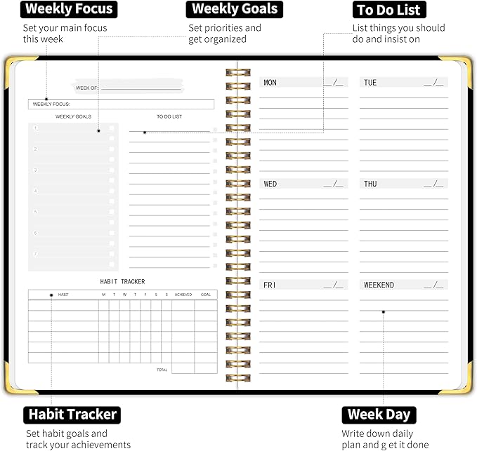 Undated Weekly Planner, Weekly To Do List Notebook with Goal & Habit Tracker Organizer, A5 5.8" x 8.0" Weekly Planner Notebook with Spiral Binding for Men or Women