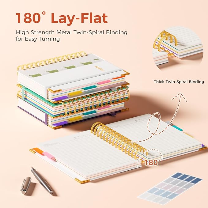 XYark A5 Hardcover Spiral Notebook, 6.3"x8.5" College Ruled Notebooks with Removable Dividers Tabs & Ruler, 5 Subject Notebook 300 Pages, Small Lined Journal for Women Men School Work Office, White